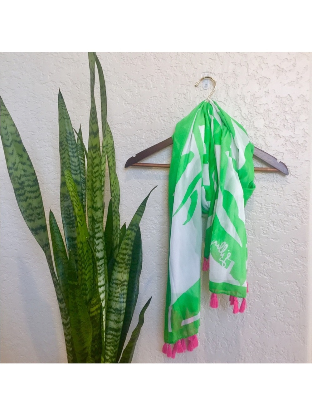 Lily Pulitzer for target green white leaf printed scarf pink pompoms